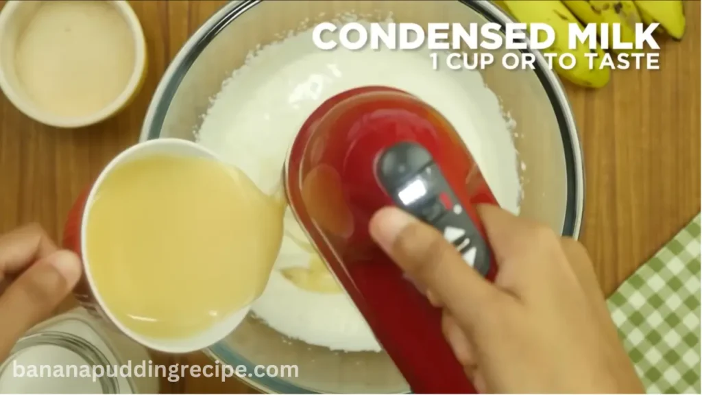 During beating, add condensed milk and beat well